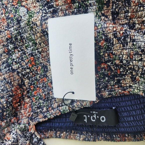 NWT O.P. T Women's Boho Smocked Midi Maxi Dress Navy Flur Floral Shine Sz M - Picture 13 of 13